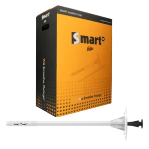 Cheville d'isolation Smart S-IPH et son clou synthétique pour la fixation de panneaux isolants, présentée avec son sachet d'emballage.