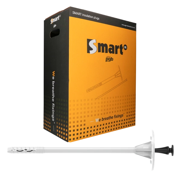Cheville d'isolation Smart S-IPH et son clou synthétique pour la fixation de panneaux isolants, présentée avec son sachet d'emballage.
