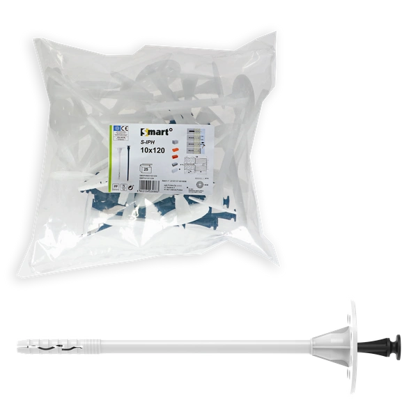Cheville d'isolation Smart S-IPH et son clou synthétique pour la fixation de panneaux isolants, présentée avec son sachet d'emballage.