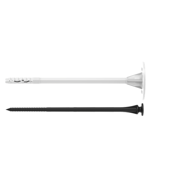 Cheville d'isolation Smart S-IPH et son clou synthétique pour la fixation de panneaux isolants, présentée avec son sachet d'emballage.