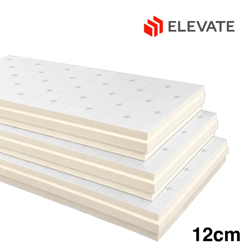 Panneaux isolants PIR ELEVATE RESISTA avec revêtement aluminium double face et bords à rainure et languette pour l'isolation des toitures et des murs.