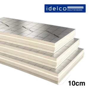 Panneaux isolants PIR IDELCO avec revêtement aluminium double face et bords rainurés pour l'isolation des toitures et des murs.