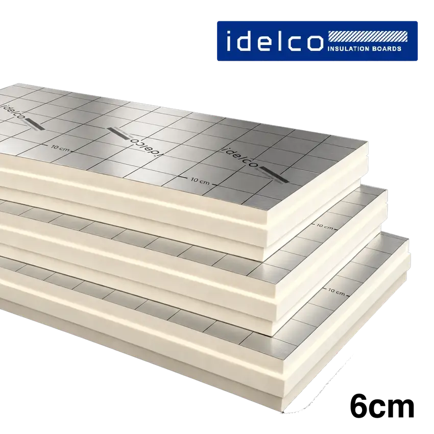 IDELCO PIR-isolatieplaten met dubbelzijdige aluminium cachering en tand-en-groefverbinding voor dak- en muurisolatie.